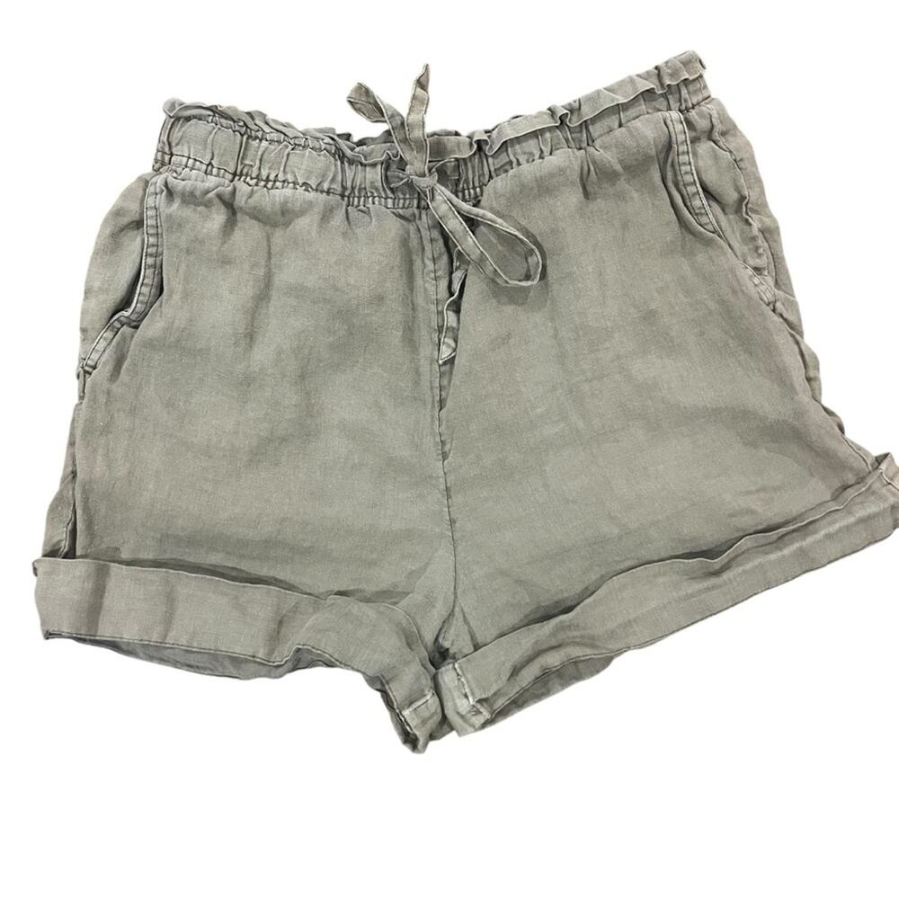 C & C California Womens Size Medium 100% Linen Brown Green Elastic Waist Shorts